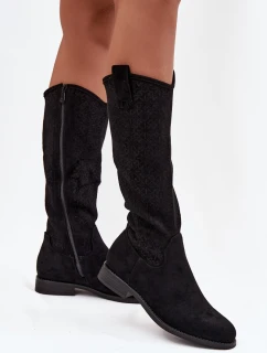 Kozaki Damskie Ażurowe Na Płaskim Obcasie S.Barski HY52-534 Czarne