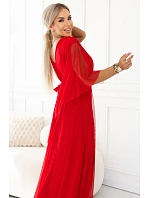 655-5 Dlhé svetlé trblietavé šaty s výstrihom a priehľadnými rukávmi - červené 655-5 Dlhé svetlé trblietavé šaty s výstrihom a priehľadnými rukávmi - červené