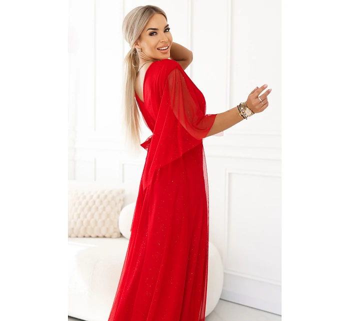 655-5 Dlhé svetlé trblietavé šaty s výstrihom a priehľadnými rukávmi - červené 655-5 Dlhé svetlé trblietavé šaty s výstrihom a priehľadnými rukávmi - červené