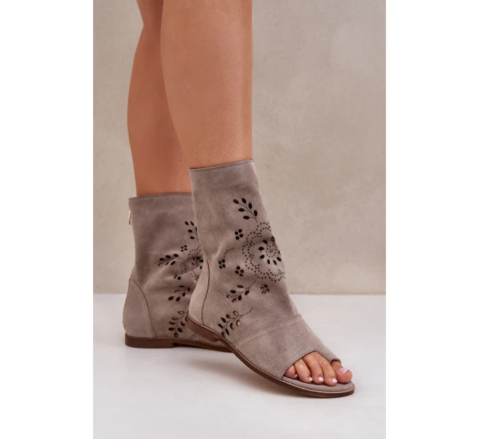 Zazoo 3437 Damskie Zamszowe Sandały Z Cholewką Na Zamek Beżowe