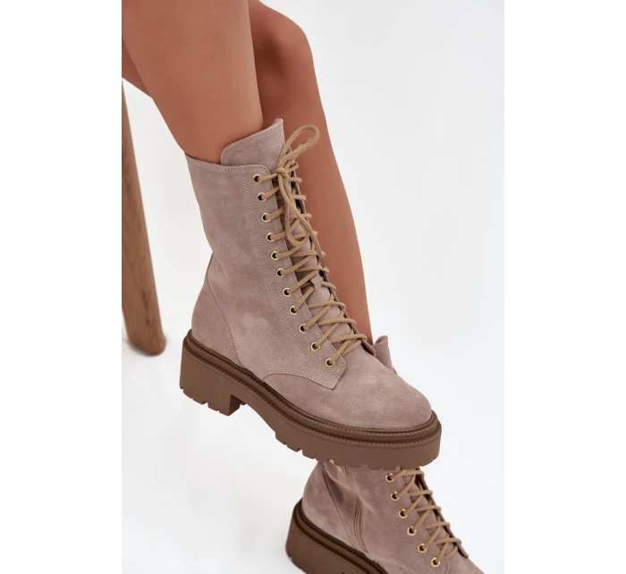 Botki Workery Damskie Z Naturalnego Zamsz Ocieplane Zazoo 4213 Beżowe