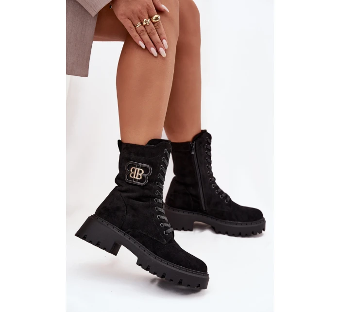 Botki Wokrery Damskie Z Ozdobnym Elementem Ocieplane Czarne Kalindra