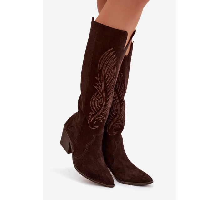 Semišové Kožené Kozačky Kovářky Na Podpatku Zazoo 3152 Čokoládové