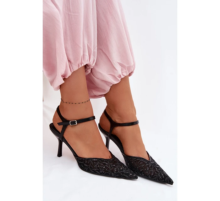 Dámské síťované sandály na podpatku s lesklým zdobením Černé Laria