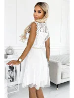 454-1 Šaty GRETA s čipkou a zlatým opaskom - BIELE