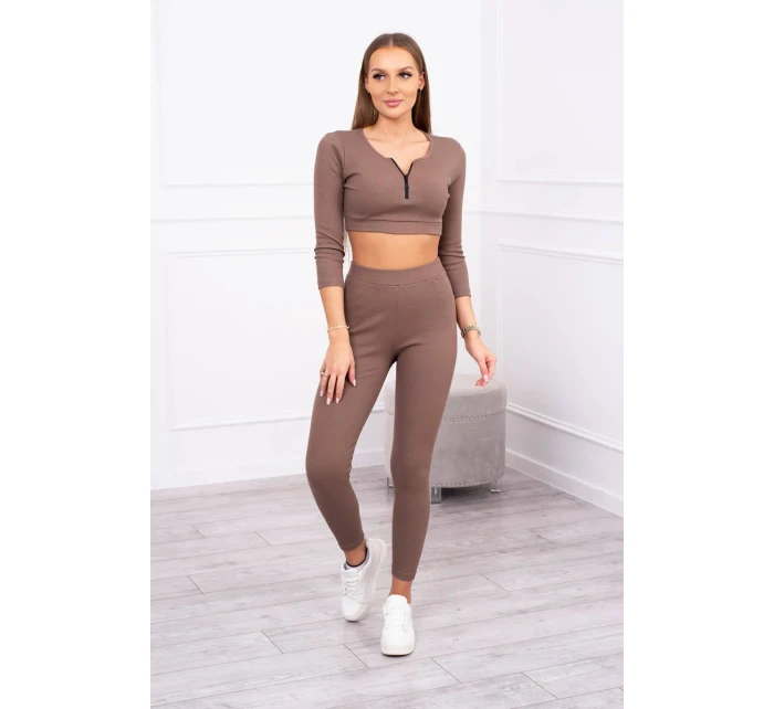 Rebrovaný komplet krátky top mocca