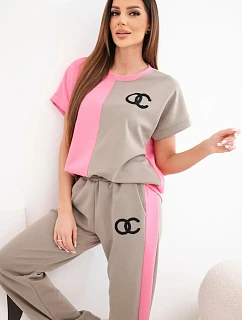 Dámský komplet máslový s oversize mikinou a širokými kalhotami růžový + fango