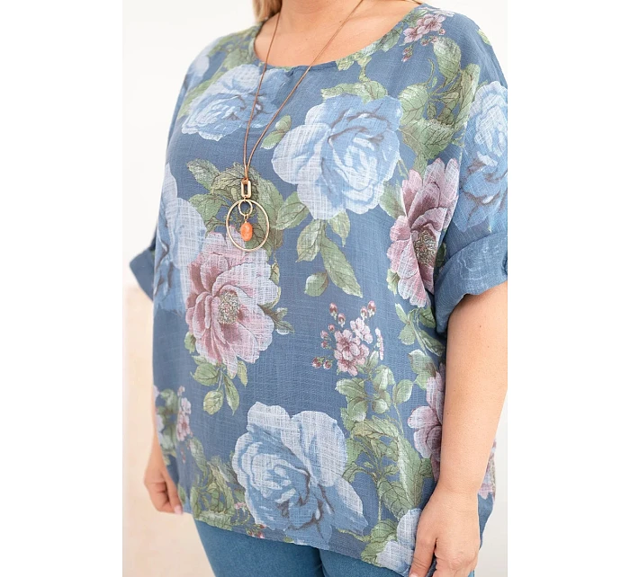 Dámske bavlnené Plus veľkosť blúzka s krátkym rukávom s kvetinovým vzorom Denim