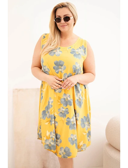Dámské šaty Plus Size viskózové s květinovým vzorem na ramínkách hořčicová