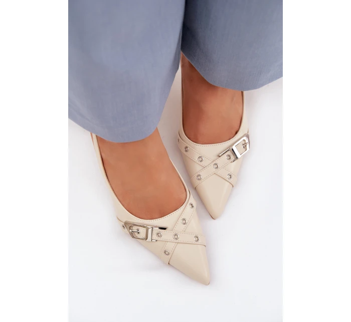 Dámské sandály na podpatku s pásky a sponou Béžové model 22027829 - Boto