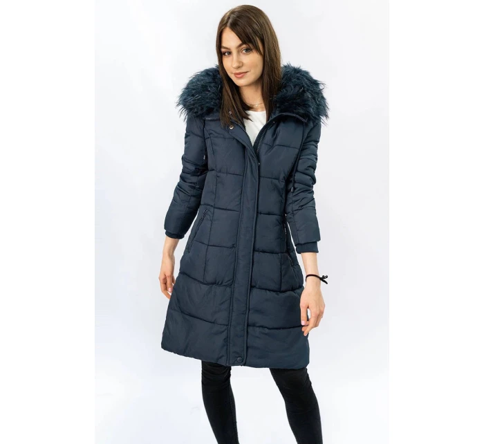 Tmavomodrá dámska prešívaná zimná bunda s kapucňou (7757)
