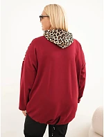 Dámska mikina Plus Size z viskózy s kapucňou a vložkami s leopardím vzorom, bordó-červená