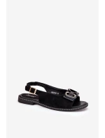 Płaskie Sandały Z Ozdobą Eko Zamszowe Czarne Lilria