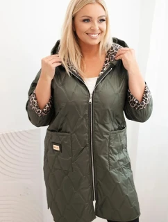 Dámska zimná prešívaná bunda s leopardou podšívkou a kapucňou v khaki farbe