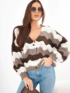 Dámský svetr s model 22353135 vzorem na knoflíky pruhovaný hnědý + fango - K-Fashion