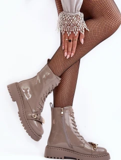 Damskie Lakierowane Botki Workery Z Ozdobą Beżowe S.Barski MR870-67