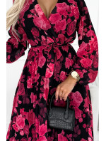 Plisované midi šaty s výstrihom, dlhými rukávmi a opaskom Numoco GEPPI - čierne s červenými ružami