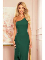 Tmavě zelené dlouhé dámské šaty přes jedno rameno ve stylu model 16968632 - numoco Tmavě zelené dlouhé dámské šaty přes jedno rameno ve stylu model 16968632 - numoco