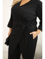 Dámský bavlněný overal Plus Size s vázáním v pase a 3/4 rukávem černý