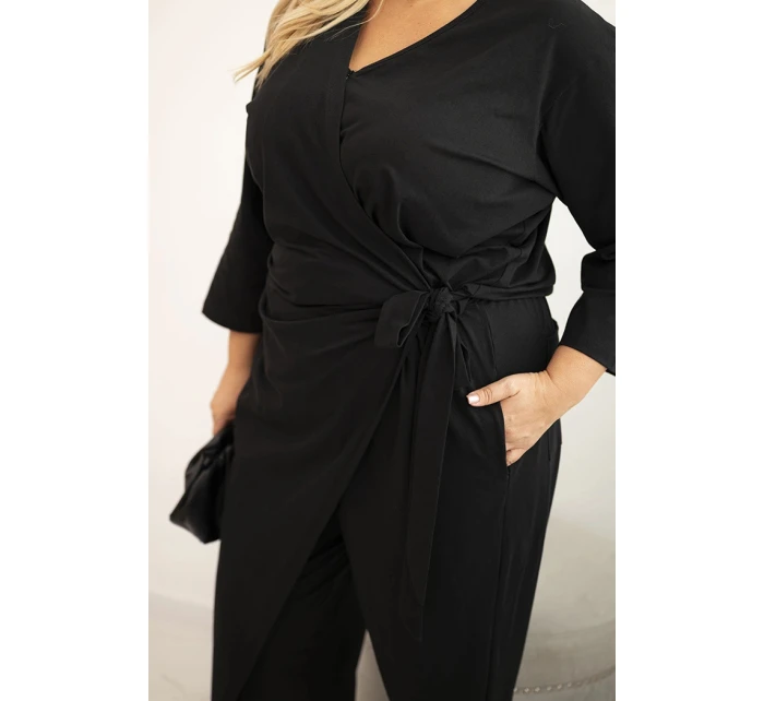 Dámský bavlněný overal Plus Size s vázáním v pase a 3/4 rukávem černý