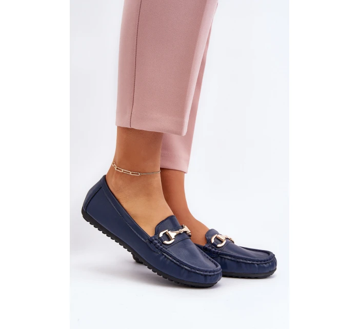 Damskie Klasyczne Mokasyny Eko Skórzane Granatowe Demese