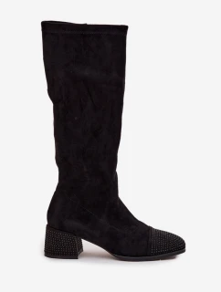 Dámske čižmy s ozdobným štvorcovým podpätkom Ivanna - čierne