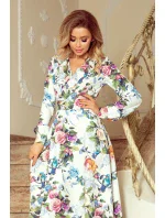 Dámske maxi šaty s volánikom, výstrihom a so vzorom farebných ruží a svetle modrých vtáčikov model 7404387 Dámske maxi šaty s volánikom, výstrihom a so vzorom farebných ruží a svetle modrých vtáčikov model 7404387