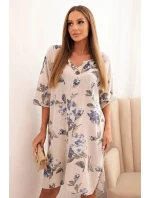 Dámske bavlnené šaty s kvetinovým vzorom a 3/4 rukávmi béžovej farby Dámske bavlnené šaty s kvetinovým vzorom a 3/4 rukávmi béžovej farby