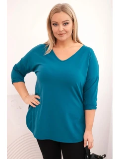 Dámská bavlněná košile Plus Size s výstřihem do V a ohrnutými rukávy mořská