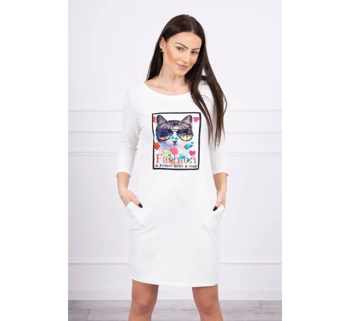 Šaty s 3D grafikou mačky ecru