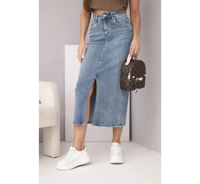 Dámská midi džínová sukně s rozparkem vpředu džínová