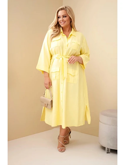 Dámské bavlněné košilové šaty Plus Size s páskem žlutá