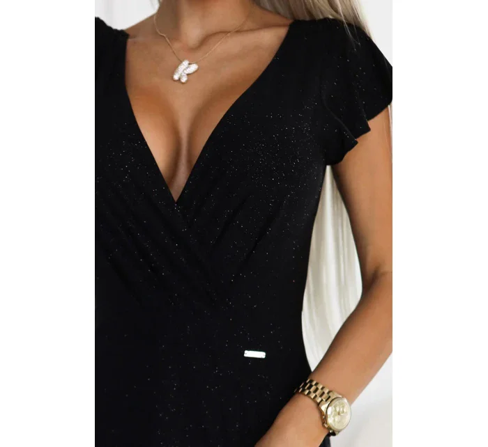 411-12 CRYSTAL lesklé dlhé šaty s výstrihom - BLACK 411-12 CRYSTAL lesklé dlhé šaty s výstrihom - BLACK