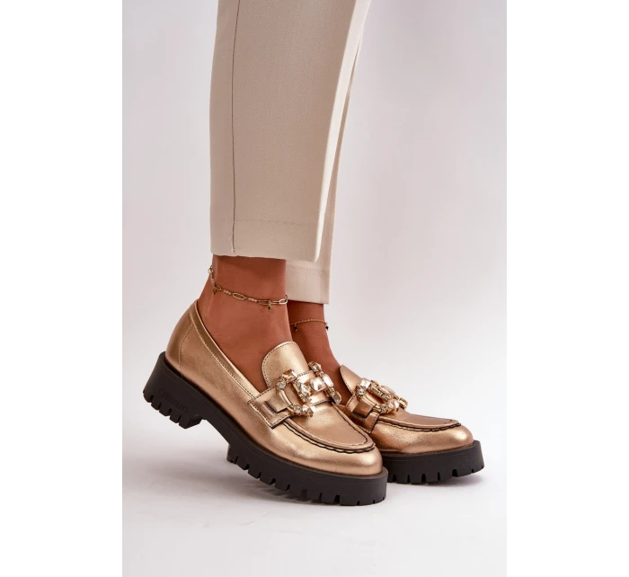 Damskie Skórzane Mokasyny Z Ozdobą CheBello 4369 Złote