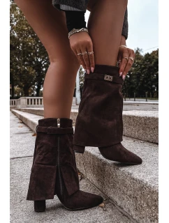 Ocieplane Botki Damskie Na Słupku Z Ozdobnym Paskiem Czekoladowe Luvielle