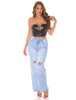 Sexy faux leather Crop Bandeau Top with V-Neck