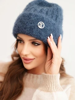 Dámska viskózna pruhovaná čiapka s nadýchaným kovovým gombíkom džínsovej farby