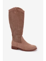 Dámské kozačky s krajkovým vzorem na plochém podpatku model 21998027 Béžové - S.Barski