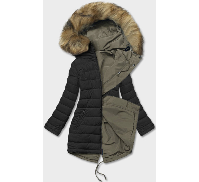 Kaki-čierna obojstranná dámska zimná bunda (2M-21508)
