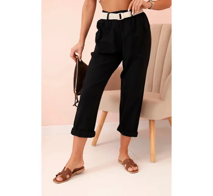 Dámské model 21035575 kalhoty s bavlnou a páskem černé - K-Fashion