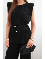 Dámska plisovaná súprava z viskózy s uzlovou blúzkou a širokými nohavicami čierna