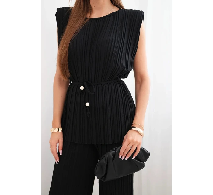 Dámska plisovaná súprava z viskózy s uzlovou blúzkou a širokými nohavicami čierna
