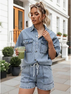 Dámska súprava s džínsovou košeľou a šortkami, svetlo modrá, FashionStreet AY1206