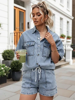 Dámska súprava s džínsovou košeľou a šortkami, svetlo modrá, FashionStreet AY1206