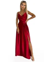 CHIARA Elegantní červené dlouhé dámské saténové maxi šaty na ramínkách model 18947471 - numoco