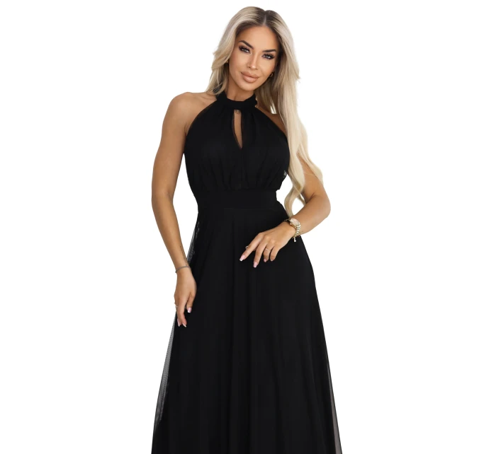 Elegantní maxi večerní šaty na ramínka s a zavazováním v pase černé model 21961746 - numoco basic