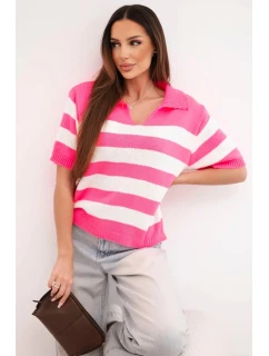 Dámský pruhovaný svetr s límečkem a krátkým rukávem neonově růžový