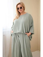 Dámský komplet Plus Size z viskózy se širokými kalhotami a halenkou khaki