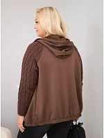 Dámská bavlněná mikina Plus Size s pletenými rukávy a kapucí hnědá Dámská bavlněná mikina Plus Size s pletenými rukávy a kapucí hnědá