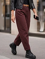 Dámske džínsy s vysokým pásom, strih mom fit, s opaskom, bordové, FashionStreet UY3121